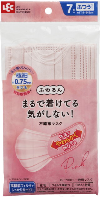 LEC不傷耳耳帶口罩 粉色 /レック LEC ふわるんＮマスクふつう ピンク ７枚